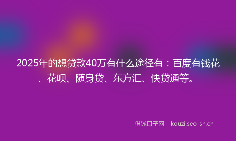 2025年的想贷款40万有什么途径有：百度有钱花、花呗、随身贷、东方汇、快贷通等。