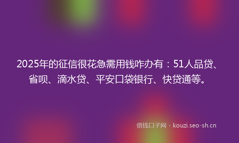 2025年的征信很花急需用钱咋办有：51人品贷、省呗、滴水贷、平安口袋银行、快贷通等。