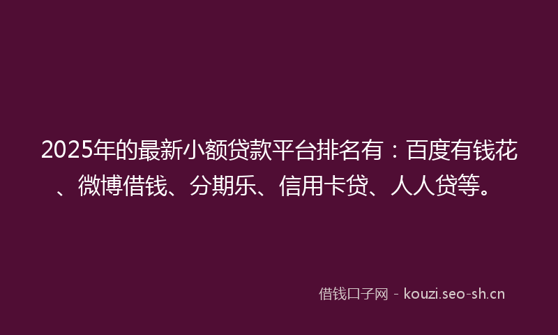 2025年的最新小额贷款平台排名有：百度有钱花、微博借钱、分期乐、信用卡贷、人人贷等。