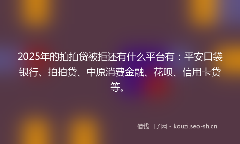 2025年的拍拍贷被拒还有什么平台有:平安口袋银行、拍拍贷、中原消费金融、花呗、信用卡贷等。