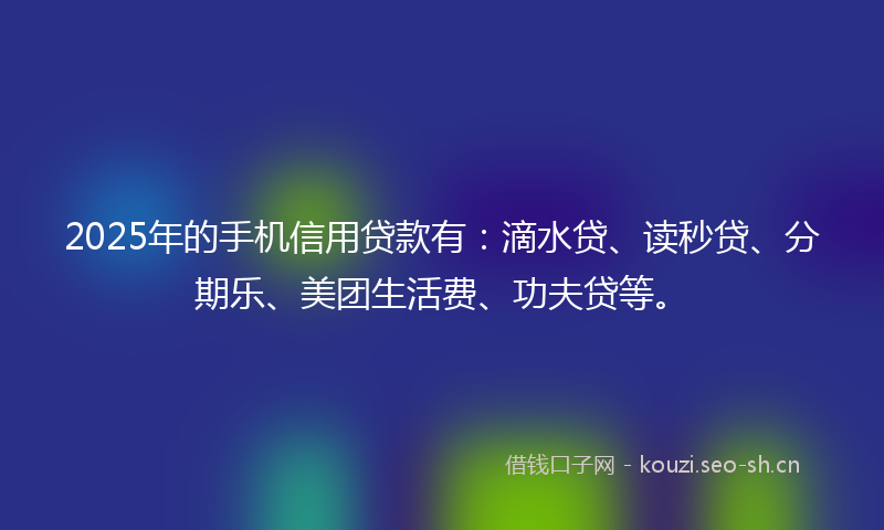 2025年的手机信用贷款有：滴水贷、读秒贷、分期乐、美团生活费、功夫贷等。