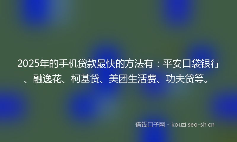 2025年的手机贷款最快的方法有：平安口袋银行、融逸花、柯基贷、美团生活费、功夫贷等。