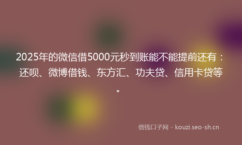 2025年的微信借5000元秒到账能不能提前还有：还呗、微博借钱、东方汇、功夫贷、信用卡贷等。