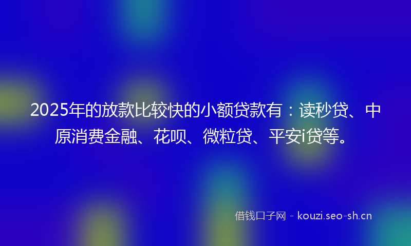 2025年的放款比较快的小额贷款有：读秒贷、中原消费金融、花呗、微粒贷、平安i贷等。