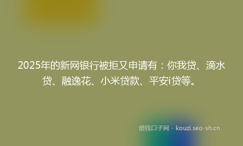 2025年的新网银行被拒又申请有：你我贷、滴水贷、融逸花、小米贷款、平安i贷等。