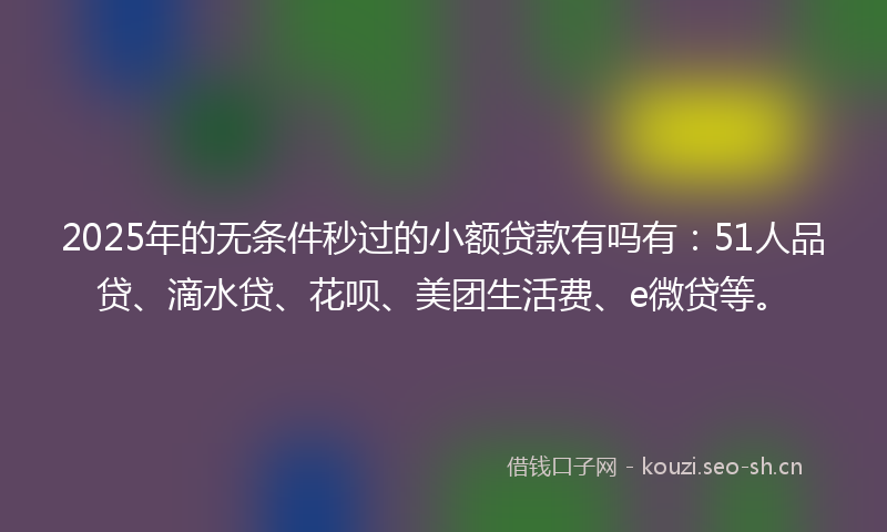 2025年的无条件秒过的小额贷款有吗有：51人品贷、滴水贷、花呗、美团生活费、e微贷等。