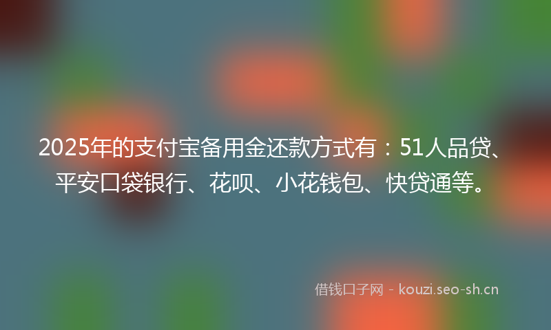 2025年的支付宝备用金还款方式有：51人品贷、平安口袋银行、花呗、小花钱包、快贷通等。