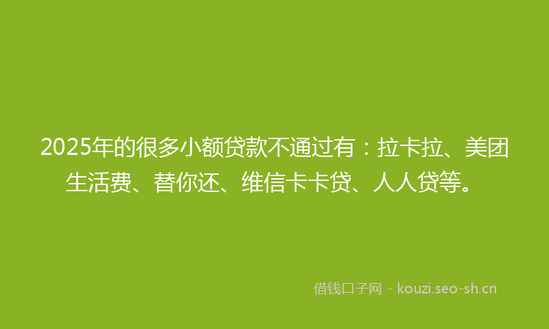 2025年的很多小额贷款不通过有：拉卡拉、美团生活费、替你还、维信卡卡贷、人人贷等。