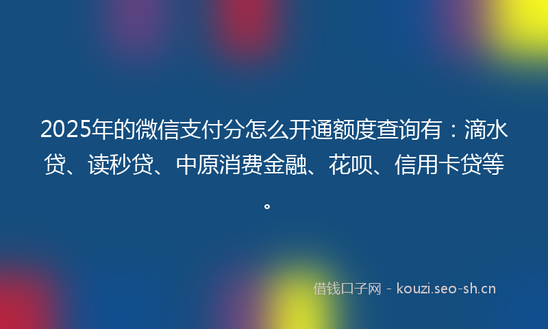 2025年的微信支付分怎么开通额度查询有:滴水贷、读秒贷、中原消费金融、花呗、信用卡贷等。