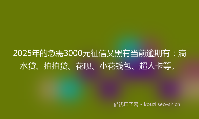 2025年的急需3000元征信又黑有当前逾期有：滴水贷、拍拍贷、花呗、小花钱包、超人卡等。