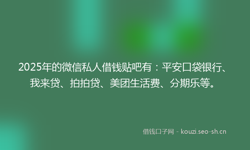 2025年的微信私人借钱贴吧有：平安口袋银行、我来贷、拍拍贷、美团生活费、分期乐等。