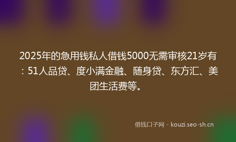 2025年的急用钱私人借钱5000无需审核21岁有：51人品贷、度小满金融、随身贷、东方汇、美团生活费等。