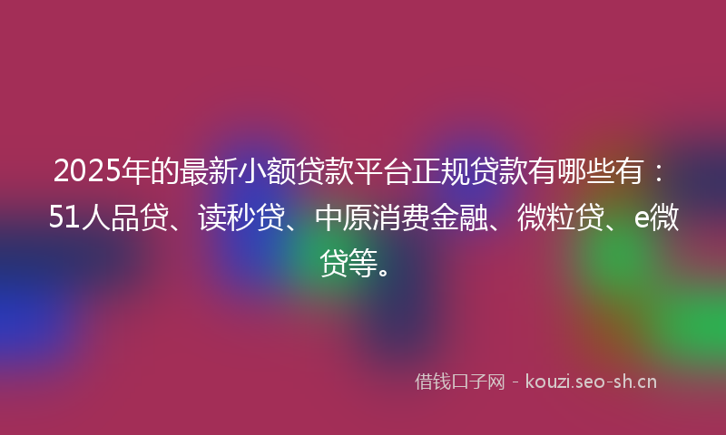 2025年的最新小额贷款平台正规贷款有哪些有：51人品贷、读秒贷、中原消费金融、微粒贷、e微贷等。