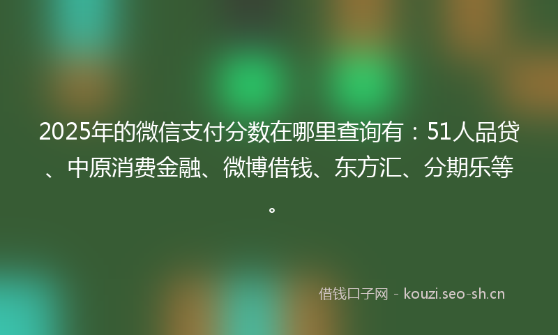 2025年的微信支付分数在哪里查询有：51人品贷、中原消费金融、微博借钱、东方汇、分期乐等。