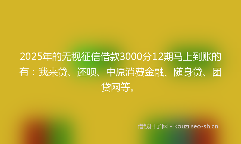2025年的无视征信借款3000分12期马上到账的有：我来贷、还呗、中原消费金融、随身贷、团贷网等。