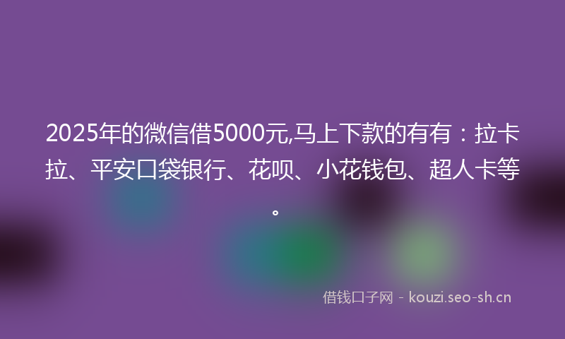 2025年的微信借5000元,马上下款的有有：拉卡拉、平安口袋银行、花呗、小花钱包、超人卡等。