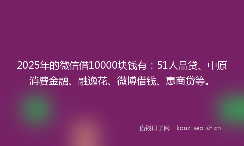 2025年的微信借10000块钱有：51人品贷、中原消费金融、融逸花、微博借钱、惠商贷等。