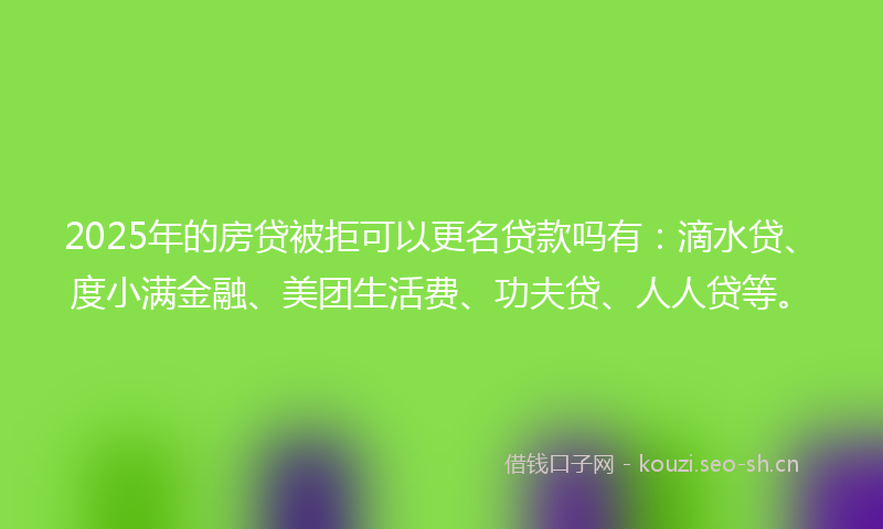 2025年的房贷被拒可以更名贷款吗有：滴水贷、度小满金融、美团生活费、功夫贷、人人贷等。