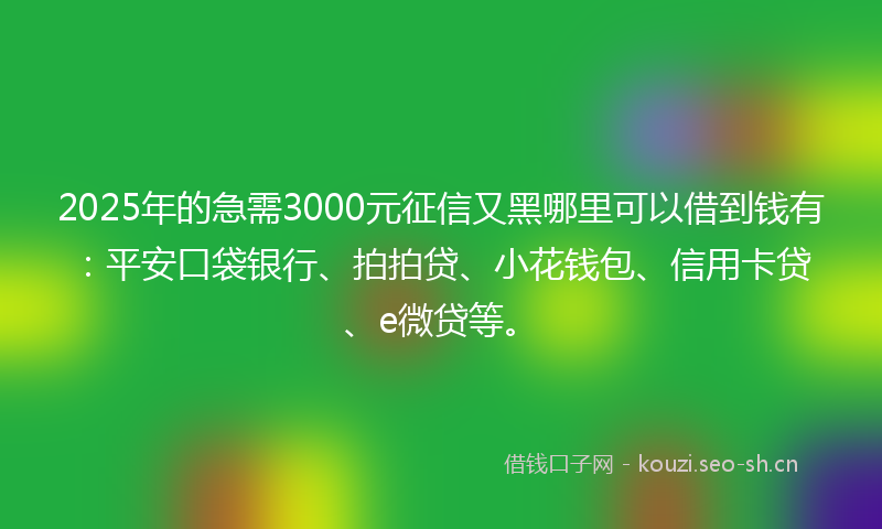 2025年的急需3000元征信又黑哪里可以借到钱有:平安口袋银行、拍拍贷、小花钱包、信用卡贷、e微贷等。