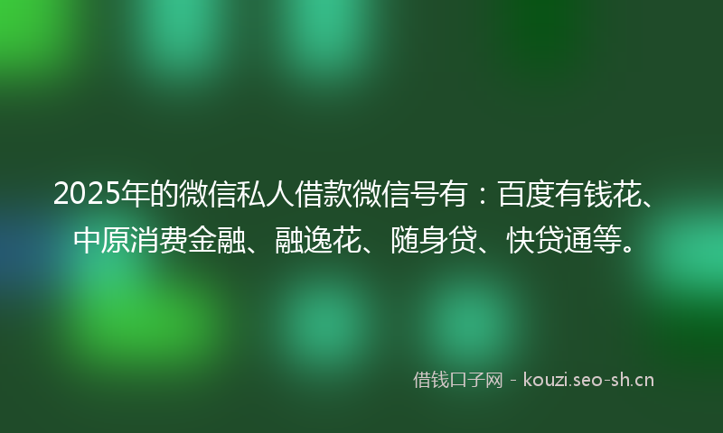2025年的微信私人借款微信号有:百度有钱花、中原消费金融、融逸花、随身贷、快贷通等。