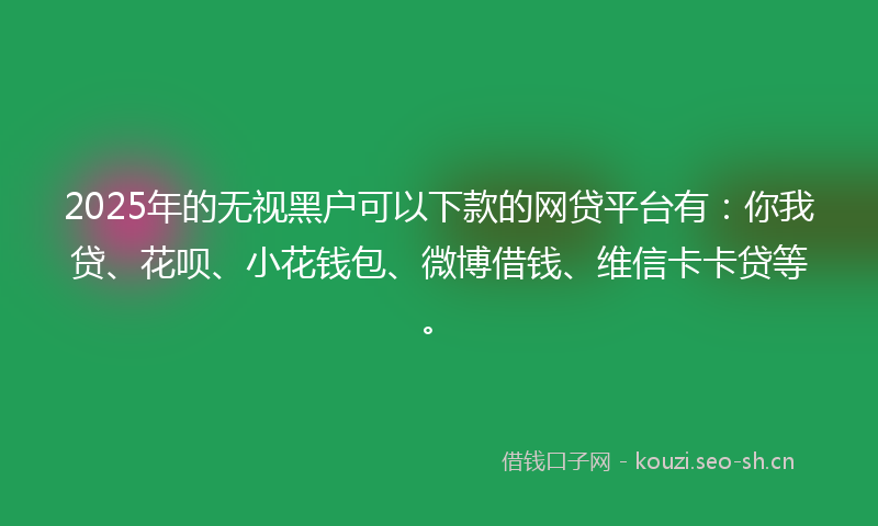 2025年的无视黑户可以下款的网贷平台有：你我贷、花呗、小花钱包、微博借钱、维信卡卡贷等。