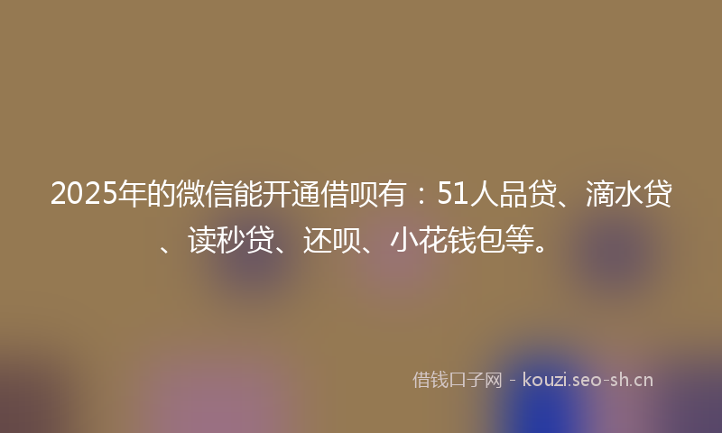 2025年的微信能开通借呗有：51人品贷、滴水贷、读秒贷、还呗、小花钱包等。