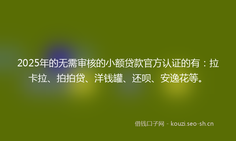 2025年的无需审核的小额贷款官方认证的有：拉卡拉、拍拍贷、洋钱罐、还呗、安逸花等。