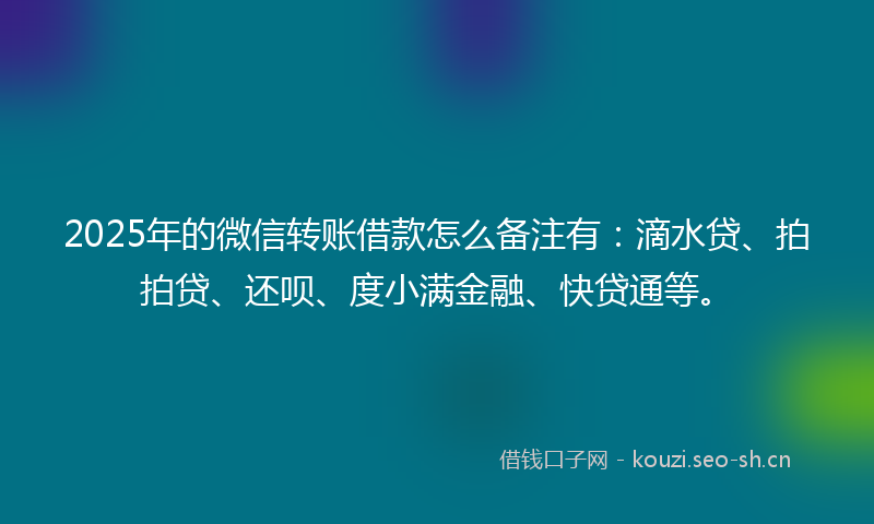 2025年的微信转账借款怎么备注有：滴水贷、拍拍贷、还呗、度小满金融、快贷通等。