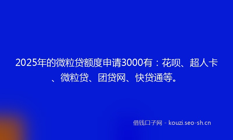 2025年的微粒贷额度申请3000有：花呗、超人卡、微粒贷、团贷网、快贷通等。