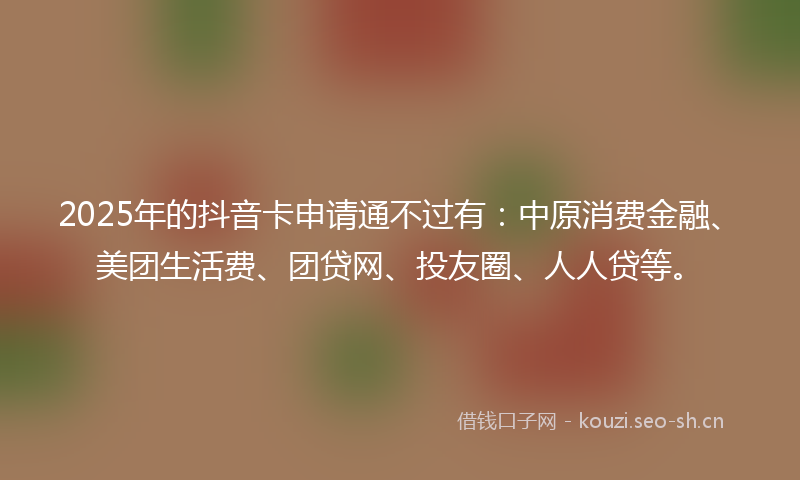 2025年的抖音卡申请通不过有：中原消费金融、美团生活费、团贷网、投友圈、人人贷等。