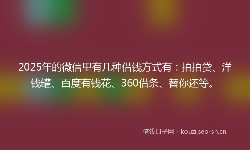 2025年的微信里有几种借钱方式有：拍拍贷、洋钱罐、百度有钱花、360借条、替你还等。