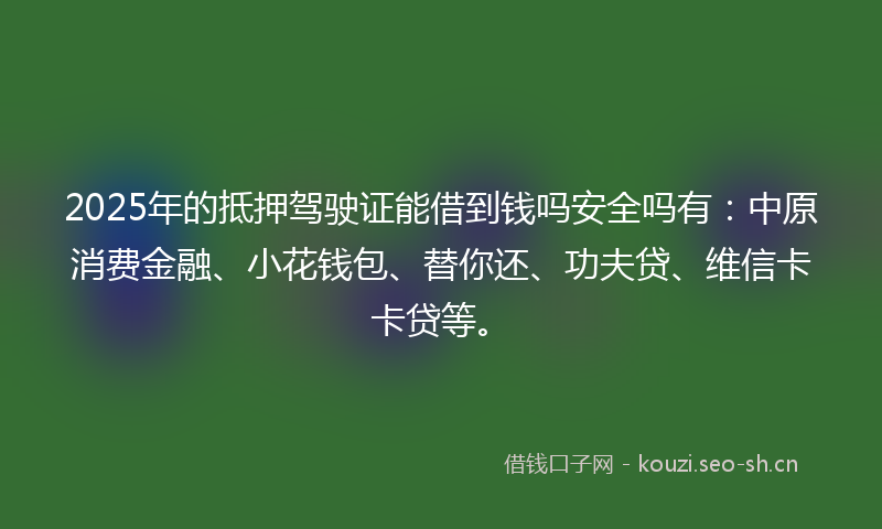 2025年的抵押驾驶证能借到钱吗安全吗有:中原消费金融、小花钱包、替你还、功夫贷、维信卡卡贷等。