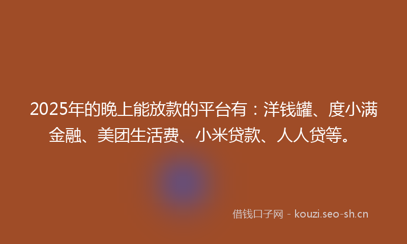 2025年的晚上能放款的平台有：洋钱罐、度小满金融、美团生活费、小米贷款、人人贷等。