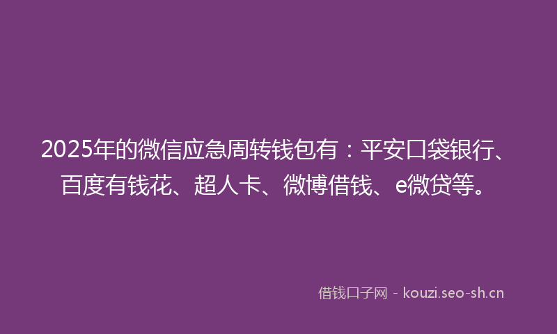 2025年的微信应急周转钱包有:平安口袋银行、百度有钱花、超人卡、微博借钱、e微贷等。