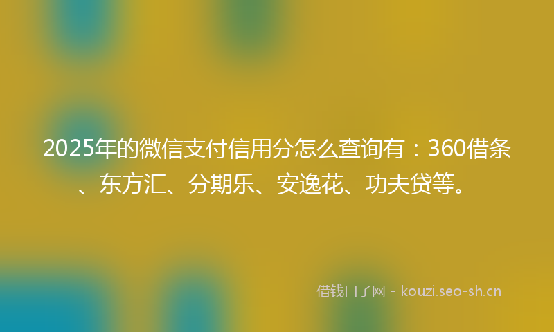 2025年的微信支付信用分怎么查询有：360借条、东方汇、分期乐、安逸花、功夫贷等。