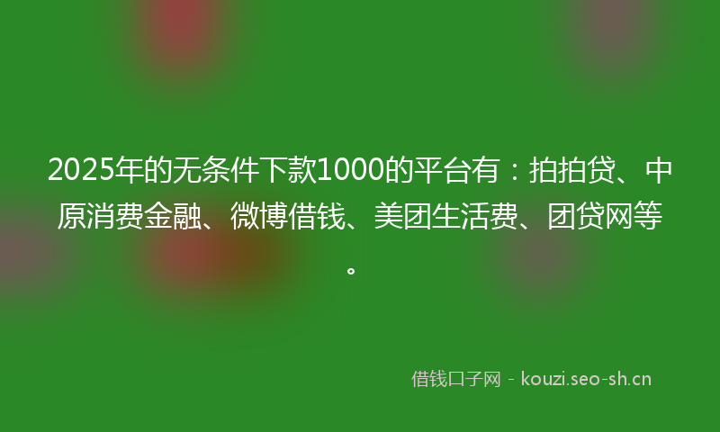 2025年的无条件下款1000的平台有:拍拍贷、中原消费金融、微博借钱、美团生活费、团贷网等。