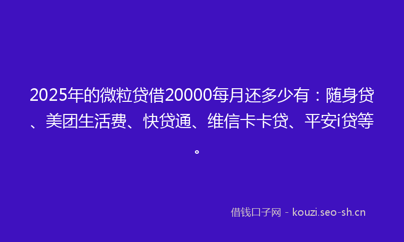2025年的微粒贷借20000每月还多少有：随身贷、美团生活费、快贷通、维信卡卡贷、平安i贷等。