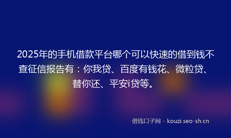 2025年的手机借款平台哪个可以快速的借到钱不查征信报告有：你我贷、百度有钱花、微粒贷、替你还、平安i贷等。