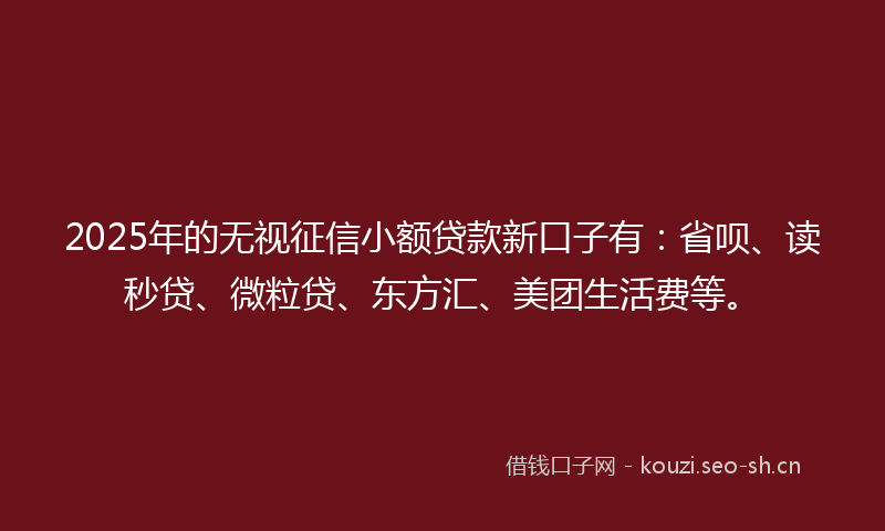 2025年的无视征信小额贷款新口子有：省呗、读秒贷、微粒贷、东方汇、美团生活费等。