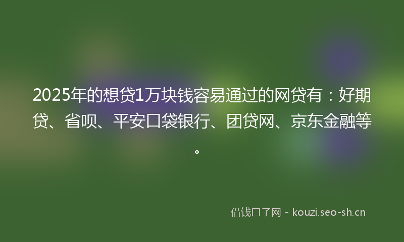 2025年的想贷1万块钱容易通过的网贷有：好期贷、省呗、平安口袋银行、团贷网、京东金融等。