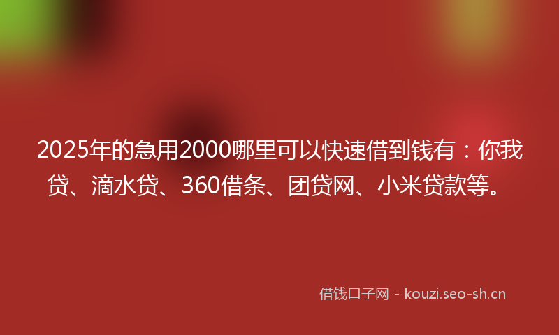 2025年的急用2000哪里可以快速借到钱有：你我贷、滴水贷、360借条、团贷网、小米贷款等。