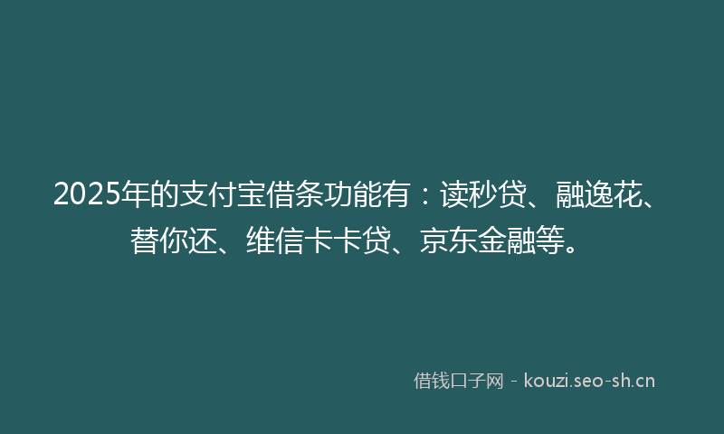 2025年的支付宝借条功能有：读秒贷、融逸花、替你还、维信卡卡贷、京东金融等。