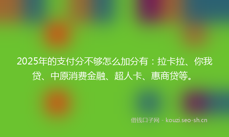 2025年的支付分不够怎么加分有：拉卡拉、你我贷、中原消费金融、超人卡、惠商贷等。