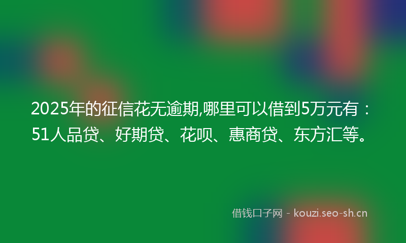 2025年的征信花无逾期,哪里可以借到5万元有：51人品贷、好期贷、花呗、惠商贷、东方汇等。