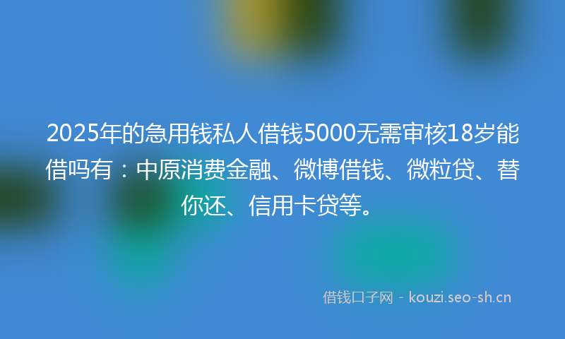2025年的急用钱私人借钱5000无需审核18岁能借吗有：中原消费金融、微博借钱、微粒贷、替你还、信用卡贷等。
