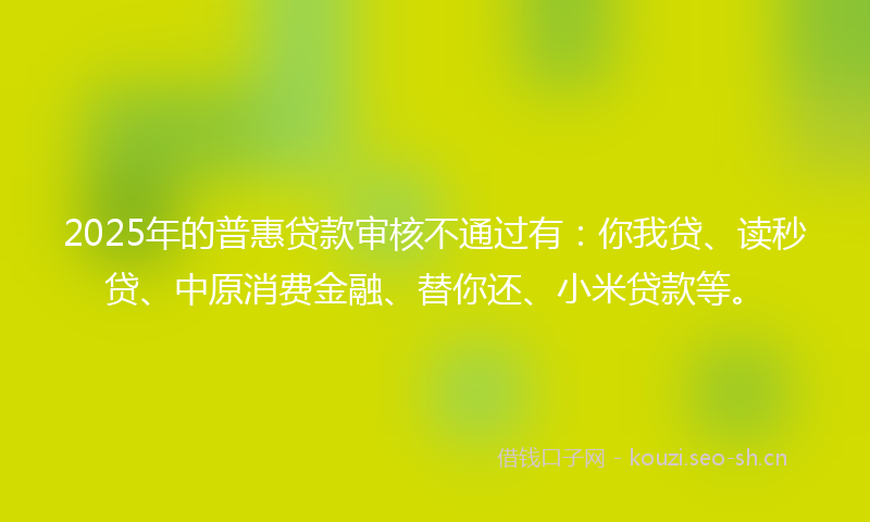 2025年的普惠贷款审核不通过有：你我贷、读秒贷、中原消费金融、替你还、小米贷款等。