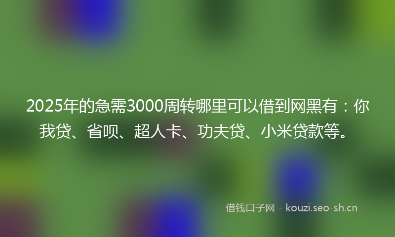 2025年的急需3000周转哪里可以借到网黑有：你我贷、省呗、超人卡、功夫贷、小米贷款等。