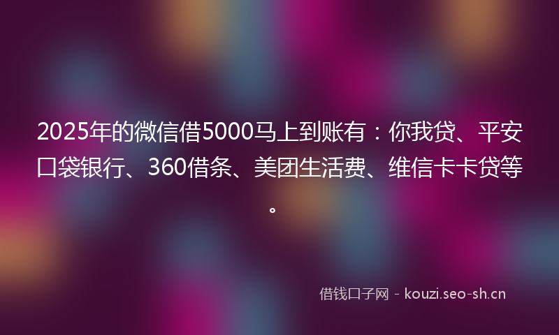 2025年的微信借5000马上到账有：你我贷、平安口袋银行、360借条、美团生活费、维信卡卡贷等。