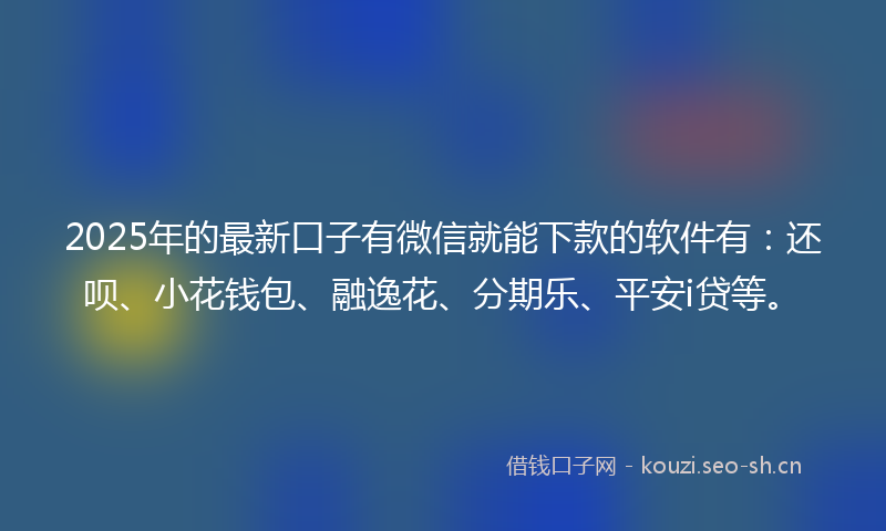 2025年的最新口子有微信就能下款的软件有：还呗、小花钱包、融逸花、分期乐、平安i贷等。