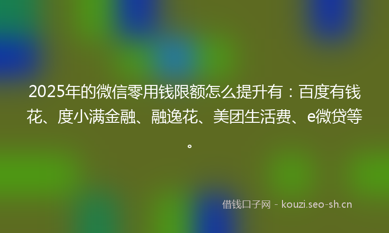 2025年的微信零用钱限额怎么提升有：百度有钱花、度小满金融、融逸花、美团生活费、e微贷等。